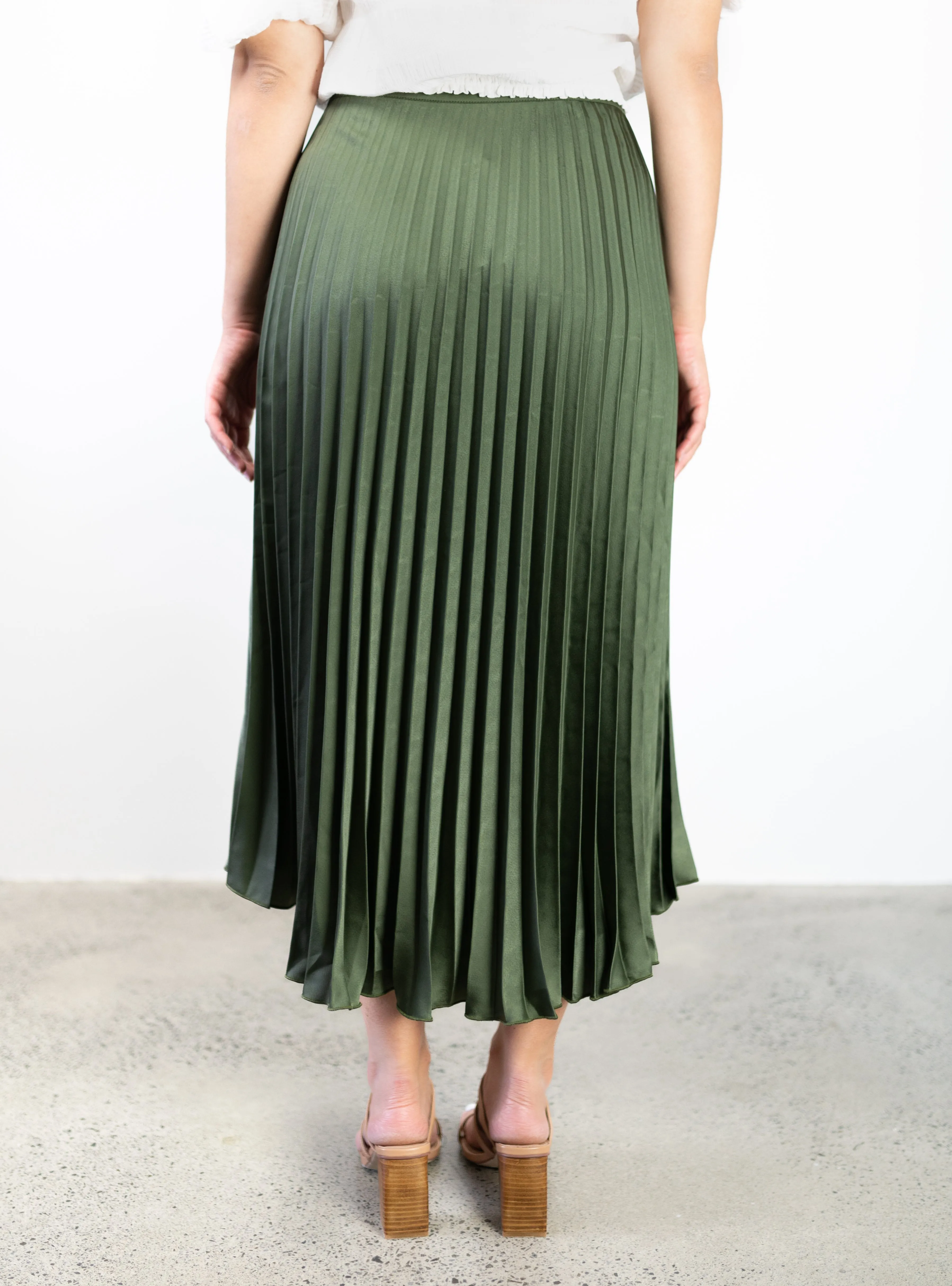Crossroads Khaki Washer Satin Midi Pleated Skirt with High Low Hem