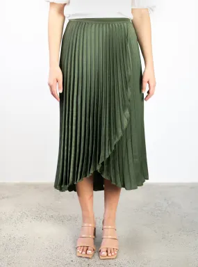 Crossroads Khaki Washer Satin Midi Pleated Skirt with High Low Hem