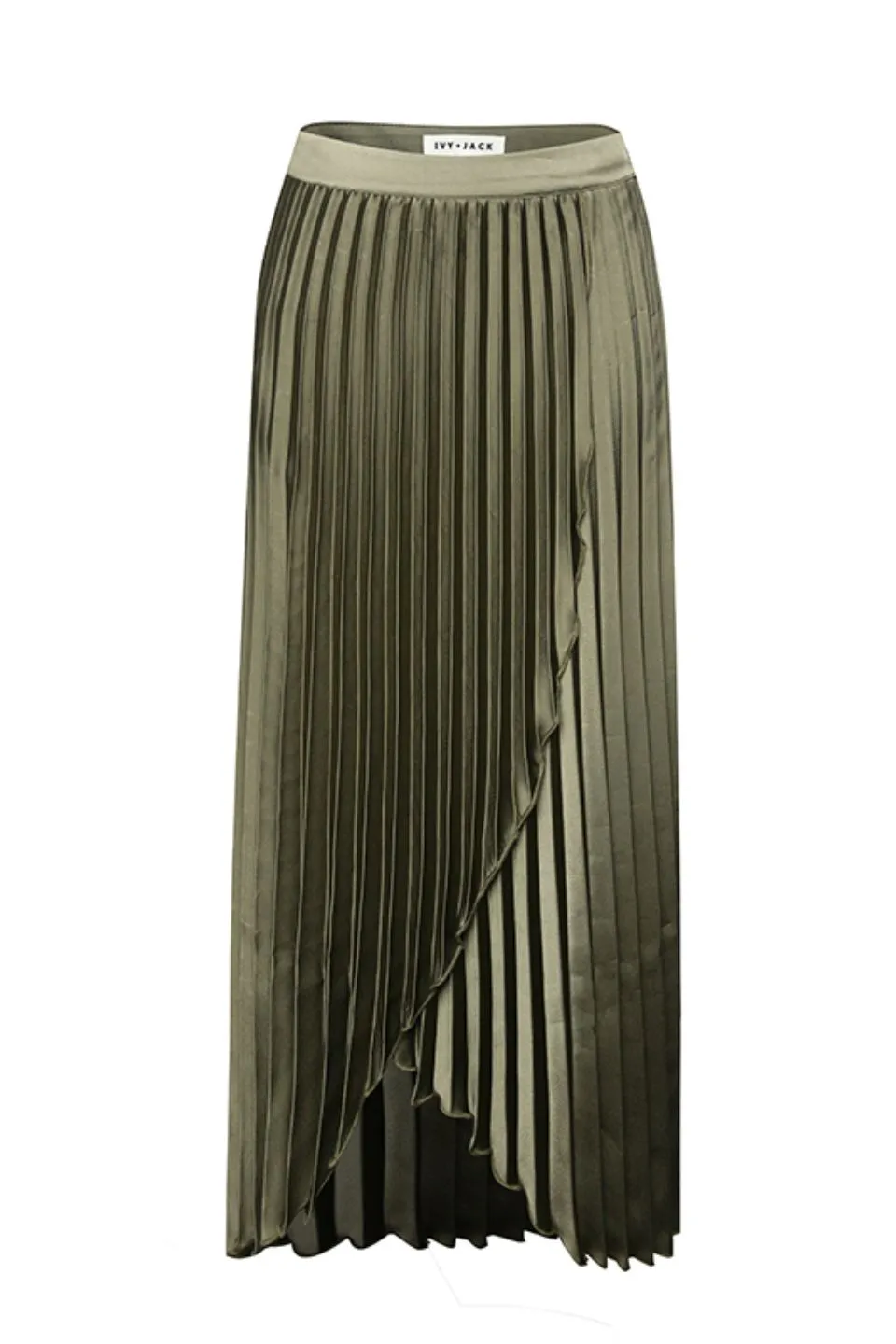 Crossroads Khaki Washer Satin Midi Pleated Skirt with High Low Hem