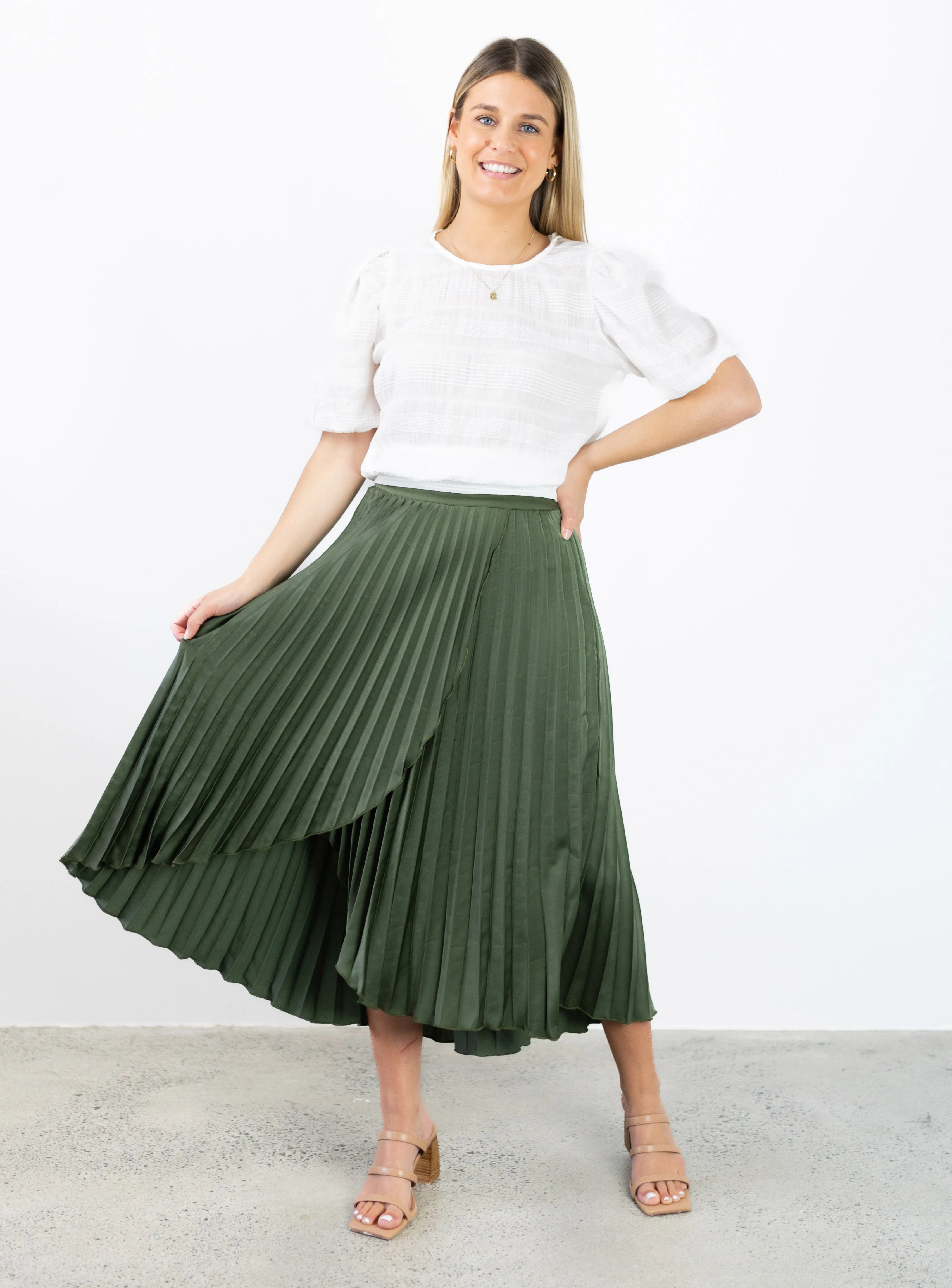 Crossroads Khaki Washer Satin Midi Pleated Skirt with High Low Hem