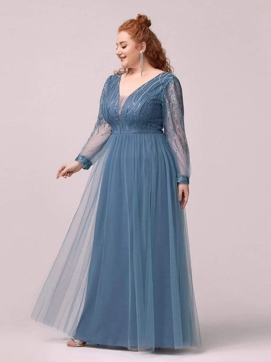 Sequin Top Long Sleeve Plunging Neckline Evening Dress